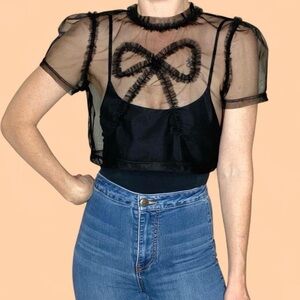 Hot & Delicious Black Sheer Bow Ruffle Coquette Girl Cropped Blouse